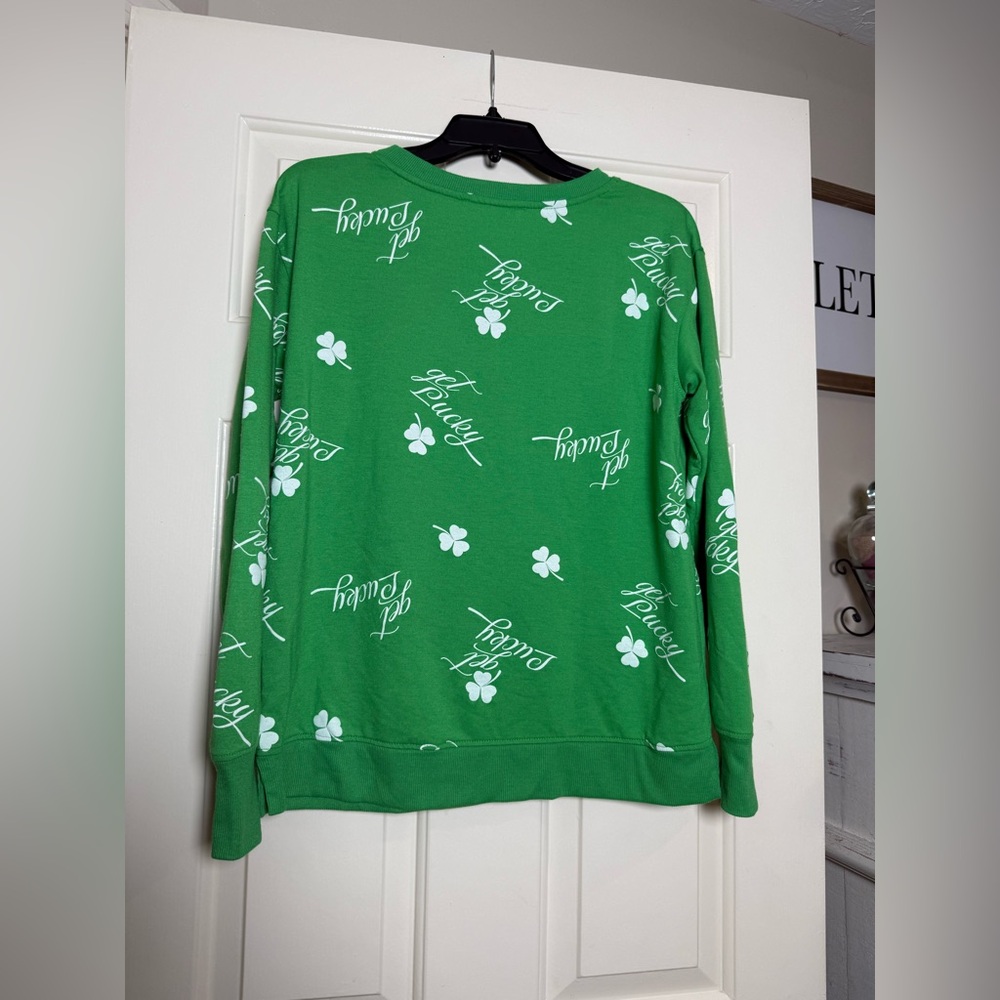 Jane & Delancey St. Patrick's Day themed crewneck sweatshirt green get lucky top - Picture 3 of 6